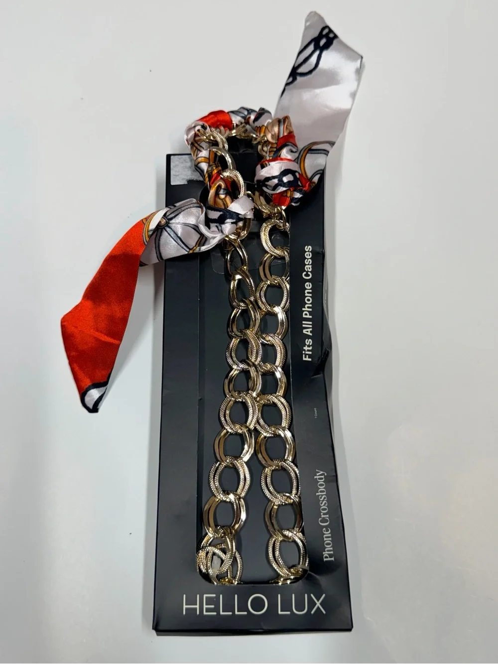 Gold Chain Phone Crossbody with Red & White Scarf Accent